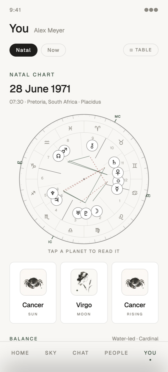 Stellara natal chart screen